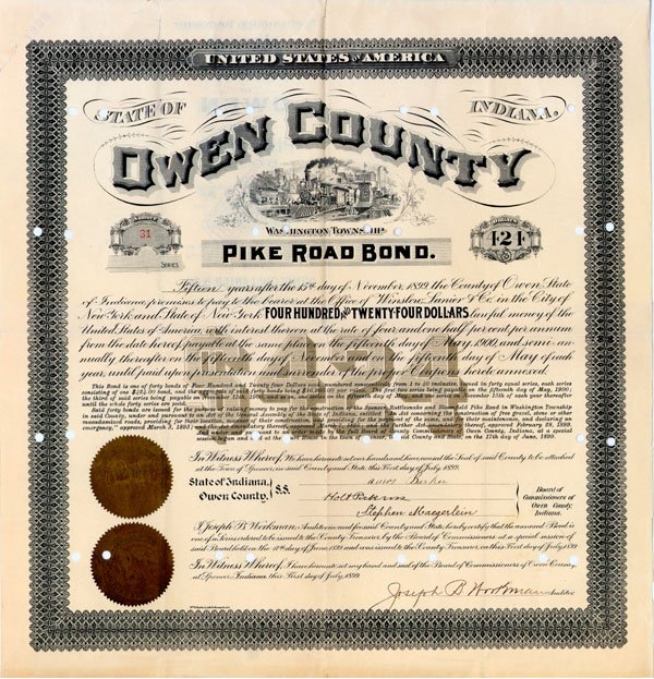 OWEN COUNTY WA TOWNSHIP PIKE ROAD BOND: OWEN COUNTY WASHINGTON TOWNSHIP PIKE ROAD BOND 1899, Indiana. Large bond approx 15½" x 16 ¼". $424 bond bearing 4 ½% interest. Top vignette of a train leaving the station. Two raised gold seal at b