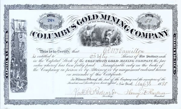 COLUMBUS GOLD MINING CO. OF THE BLACK HILLS: 1880, New York. Stock certificate for 50 shares. Black. Two mining vignettes at upper center and at the left margin. Litho. Uncancelled and extremely fine.