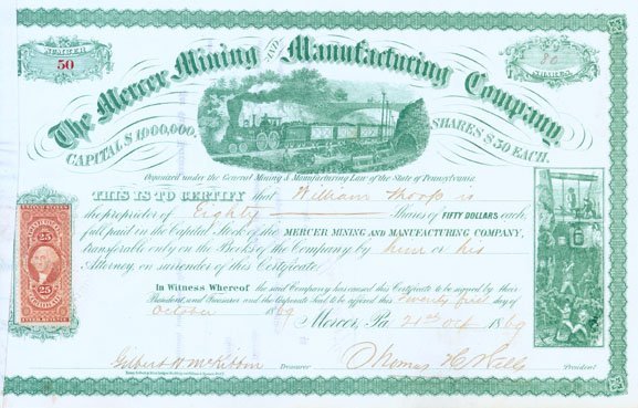 THE MERCER MINING AND MANUFACTURING COMPANY: 1869, Pennsylvania. Stock certficate for 80 shares. Green. Vignette at upper center of a train with cars full of coal pulling away from a loading area and at lower right a vignette of miners working d