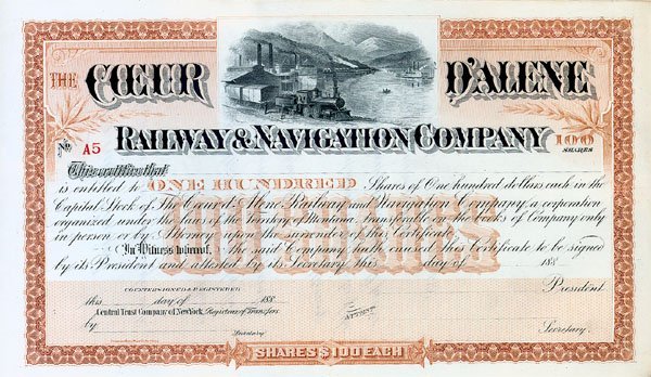 COEUR D'ALENE RAILWAY AND NAVIGATION COMPANY: 188-. Idaho. Unissued stock certificate. Brown/Black. Beautiful engraved vignette of a train departing a station along a river with a sidewheeler and mountains in the background. Uncancelled and Excel