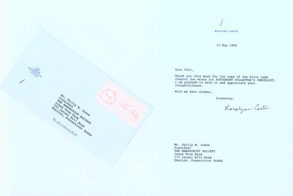 ROSALYNN CARTER: ROSALYNN CARTER (b. 1927). Typed Letter Signed, "Rosalynn Carter," on her name-imprinted letterhead accented by a blind-embossed eagle and four gold stars. One page, 7 ¼" x 10 ½". Atlanta. May 22, 1