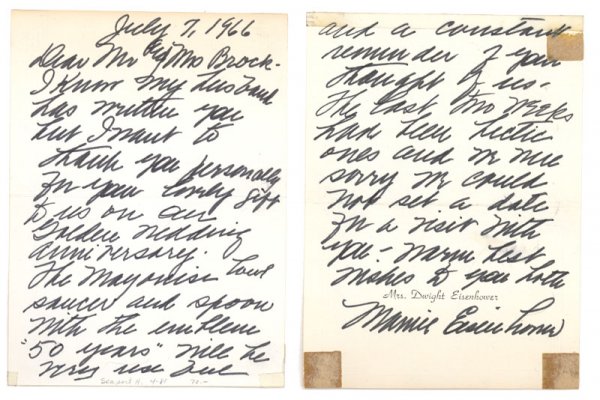 THE EISENHOWER'S GOLDEN ANNIVERSARY: MAMIE EISENHOWER (1896-1979) First Lady of the United States. Autograph Letter Signed, Mamie Eisenhower," on her name imprinted stationery. Two pages, 4 1/4" x 5 3/4". No place. July 7, 1966. Eisenhow
