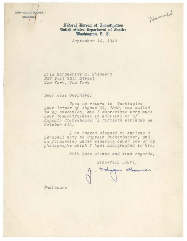 J. EDGAR HOOVER: J. EDGAR HOOVER J. EDGAR HOOVER (1895 - 1972). First Director of the FBI. TLS. 1 page. 7" x 9 ½". September 14, 1940.On imprinted letterhead of the Federal Bureau of Investigation. The director write