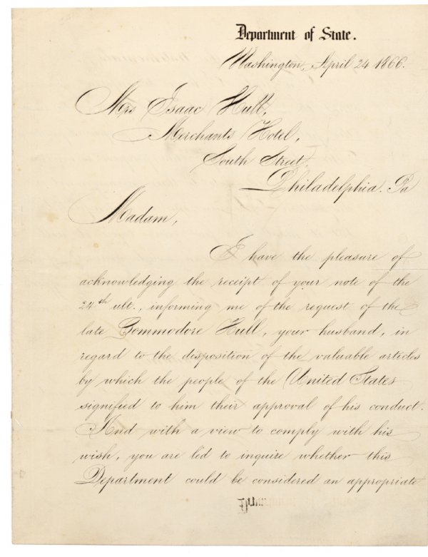 LINCOLN'S SEC. STATE TO COMMODORE HULL'S WIDOW: LINCOLN'S SEC. STATE TO COMMODORE HULL'S WIDOW WILLIAM SEWARD (1801-1872), Statesman, Secretary of State in the Lincoln and Johnson Administrations. Manuscript Letter Signed "William H. Seward."2 pp. 
