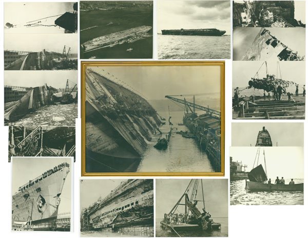 THE SALVAGE OF THE SS NORMANDIE: THE SALVAGE OF THE SS NORMANDIE 15 photographs document the salvage of the SS Normandie. 14 of the photographs are unframed and measure 8" x 10". The 15th measures 20" x 15 ¾" framed. While being con