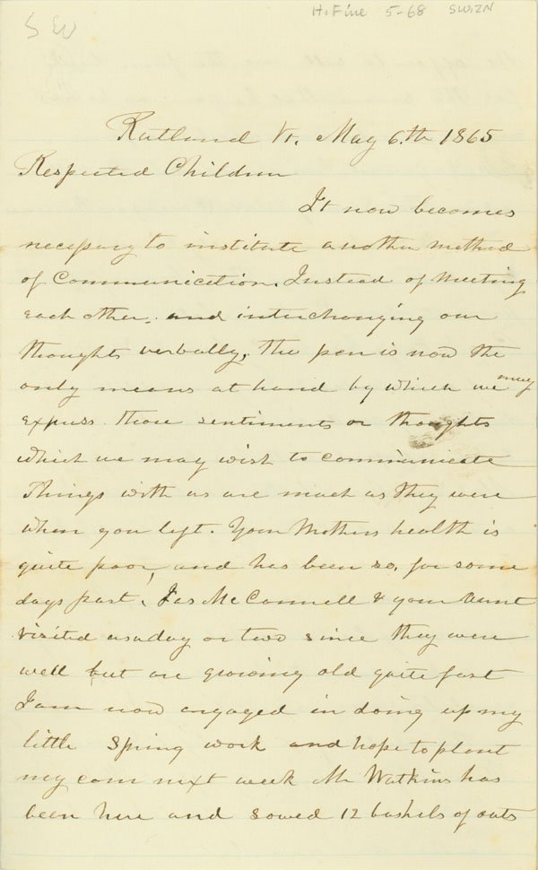 RUTLAND VERMONT MOURNS PRESIDENT LINCOLN: RUTLAND VERMONT MOURNS PRESIDENT LINCOLN Autograph Letter Signed. Four pages, 5" x 8". Rutland, Vt. May 6, 1865. The letter reads, in part: "…The death of President Lincoln fell like a thunder clap 