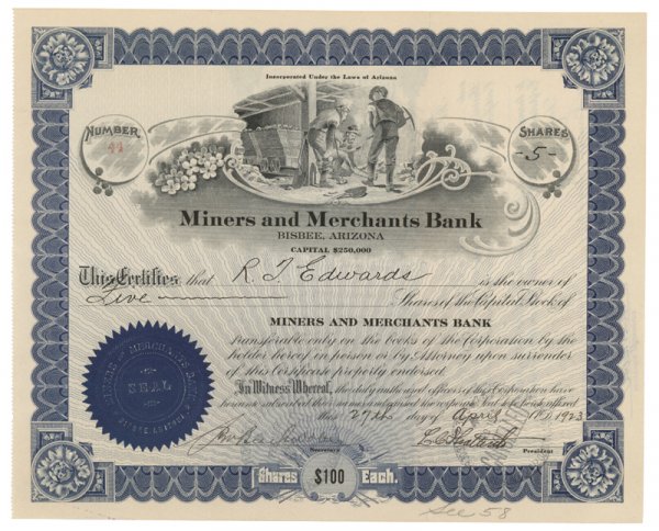 MINERS & MERCHANTS BANK STOCK: MINERS & MERCHANTS BANK STOCK 1923, Bisbee, Arizona. Stock certificate for 5 shares. Blue/Black. Vignette at top center of miners at work. Stamp cancelled and very fine.