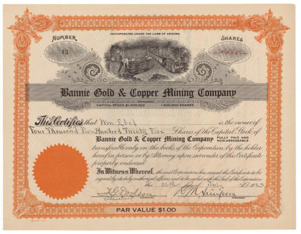 BANNIE GOLD & COPPER MINING COMPANY STOCK: BANNIE GOLD & COPPER MINING COMPANY STOCK 1923, Arizona. Stock certificate for 4525 shares. Orange/Black. Vignette at top center of miners filling rail cars and a steam engine pulling the cars. Uncanc