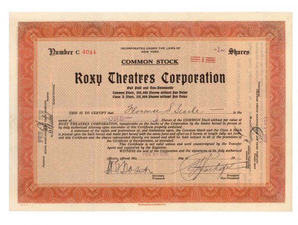 SIGNED BY SAMUEL L. ROTHAFEL AS PRESIDENT: ROXY THEATRES CORP. SIGNED BY SAMUEL L. ROTHAFEL AS PRESIDENT 1926, New York. Stock certificate for 1 share. Orange/Black. Signed as President by Samuel L. Rothafel (1881-1936). A pioneer in surroundi