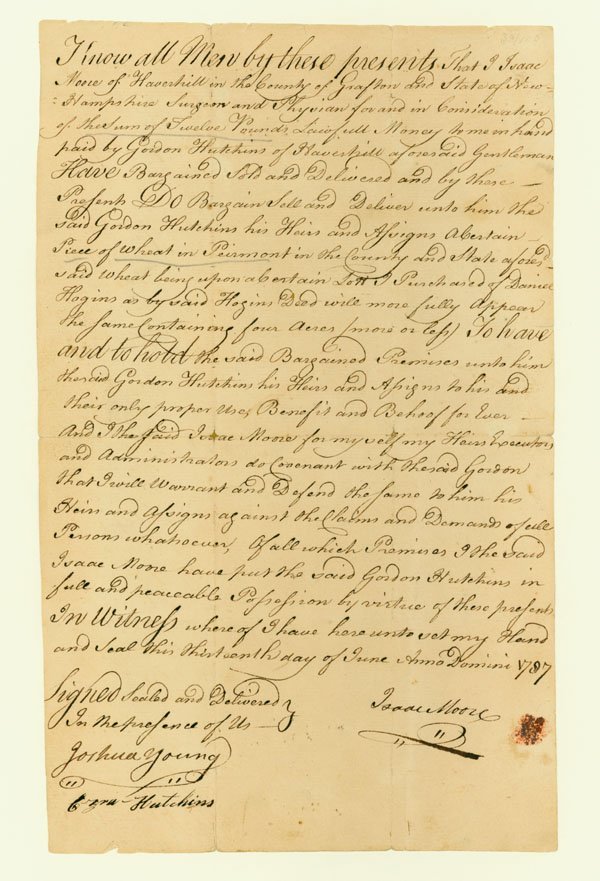 EARLY NEW HAMPSHIRE DEED: Manuscript Document Signed "Joshua Young," "Ezra Huthcins," and "Isaac Moore." One page, 7 1/8" x 11 5/8". No place [New Hampshire] . June 13, 1787. The document details the transfer from Isaac Moore 
