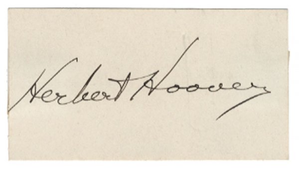 Herbert Hoover: HOOVER, HERBERT (1874-1964). Thirty-first President. Signed Card. 3" x 1 5/8". "Herbert Hoover" Light paperclip bend. Fine.