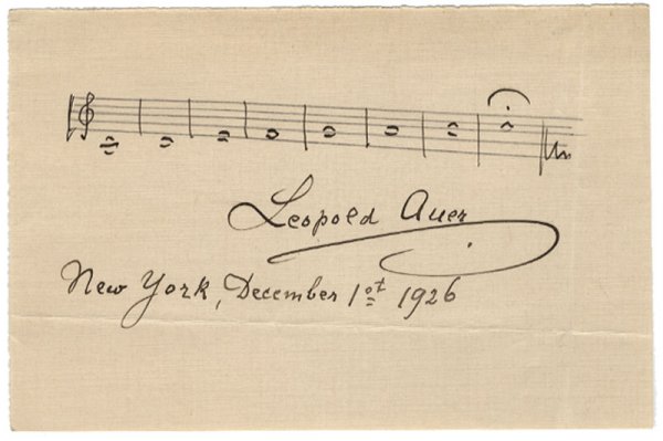 Leopold Auer: Leopold Auer ( 1845 – 1930). Hungarian violinist, teacher, conductor and composer. AMQS. 6 1/8" x 4". Bar of music signed "Leopold Auer, New York, December 1st, 1926". Folds. Extremely Fine.