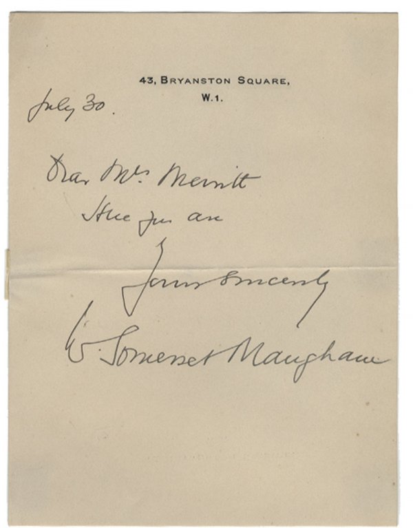 William Somerset Maugham: William Somerset Maugham (1874 – 1965). English playwright, novelist and short story writer. ALS. 1 page. 5" x 6 1/2". On imprinted letterhead. "July 30, Dear Mrs. Merritt, Here you are, Yours since
