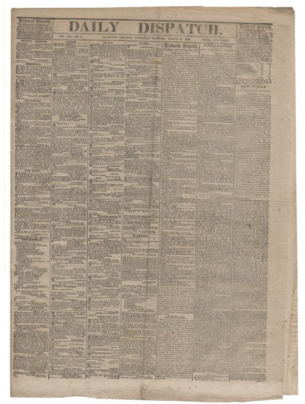 1862 Confederate Newspaper: 1862 (Confederate Newspaper) Battle of Hampton Roads-Between Ironclads Monitor and Merrimac. Daily Dispatch (Richmond, VA) 16.75" x 22.75", March 13, 1862 with front page detailed report on 1st Naval 