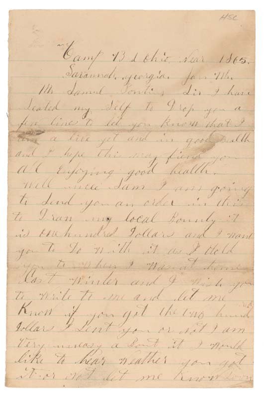 A UNION SOLDIER ON HIS BOUNTY: Autograph Letter Signed, Henry Kerns." Two pages, 5" x 7 3/4". Camp 13 d. Ohio. Near Savannah, Georgia. January 7, 1865. Kerns writes to Mr. Samuel Pontins, in part: Uncle Sam I am going to send you a
