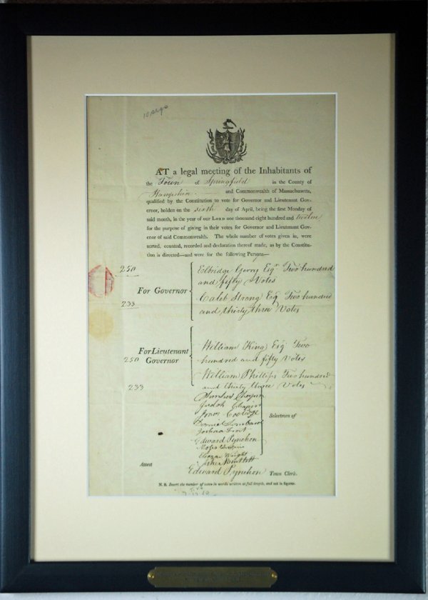 1812 Springfield, Mass Election Certification: Certification for Governor for the election of 1812 for Springfield, Mass.For the election between Elbridge Gerry and Caleb Strong. Elbridge Thomas Gerry was a Democratic-Republican he was selected as