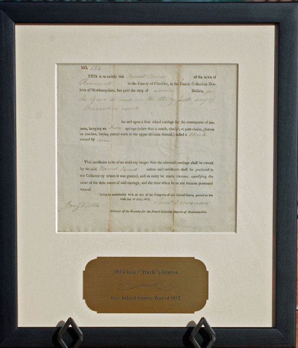 1814 license to operate a Hack: 1814 taxi ("Hack") license, which was used to raise funds to help finance the War of 1812. Pre-printed, with manuscript. This is for a license to operate "a four wheel carriage for the conveyance of p