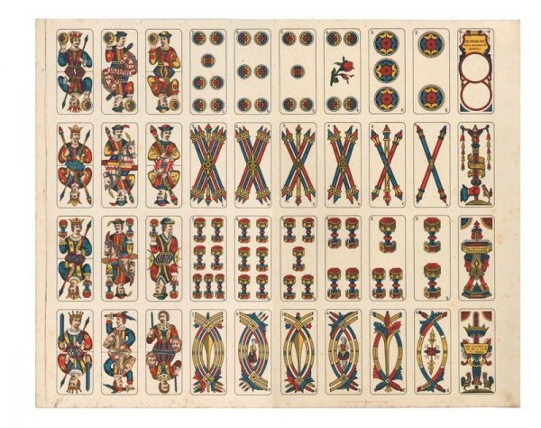 COMPLETE UNCUT SHEET OF VENETIAN CARDS: [PLAYING CARDS]. 1936. 16 ½" x 20 ½". Eduard Pignalos, Napoli, Italy. Venetian Pattern. Uncut sheet being a complete pack of 40 cards with printed patterned highly attractive reverse of woman with a