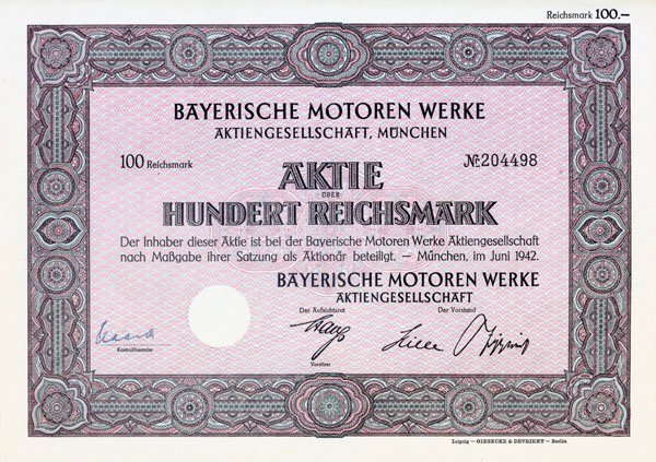 BAYERISCHE MOTOREN WERKE AKTIENGESELLSCHAFT, MUNCH: 1942, Munich, Germany. 100 Reichsmark Stock. Pink/Black. Ornate background and border design. Underprinted BMW logo and a raised BMW logo. BMW was started in 1917 manufacturing airplane engines. In th