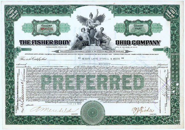 FISHER BODY OHIO COMPANY SIGNED BY FREDERICK JOHN: 1923, Ohio. Stock certificate for 8 shares. Green/black. Three allegorical figures form the vignette at top center. Litho. Signed by "F. J. Fisher" at bottom right as President; FREDERICK JOHN FISHER,