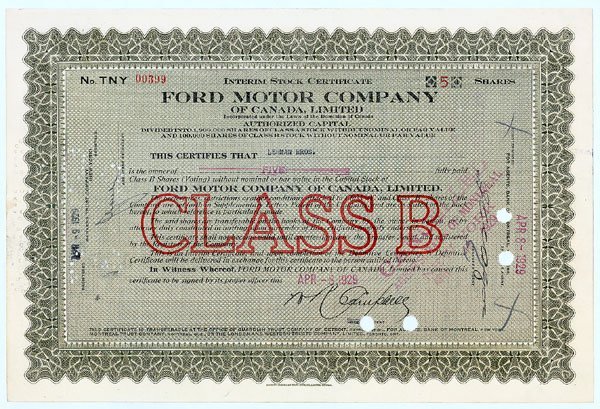 FORD MOTOR COMPANY OF CANADA, LIMITED: 1929, Canada. Stock certificate for five shares of Ford Motor Company of Canada, Limited. Stamp and punch cancelled, but in fine condition overall. A scarce Ford Motors issue.