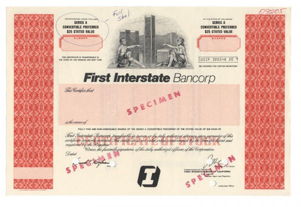 FIRST INTERSTATE BANK CORP: SPECIMEN. Delaware. Stock certificate. Red. Top center vignette of an allegorical male and female seated towards one another in the forefront, skyscrapers behind them. Hole cancelled and fine.