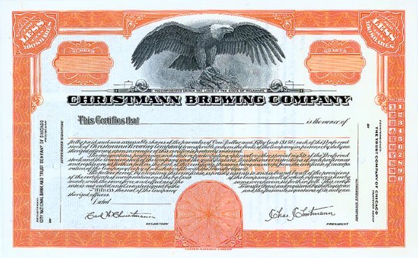 Christmann Brewing Company.: No date, Delaware. Unissued stock certificate. Orange/Black. Vignette of an eagle with outspread wings atop a rock at top center. Punch cancelled. Fine.
