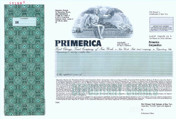 Primerica Corporation: no date, Delaware. Stock Specimen. Green/Black. Vignette of a mythic male holding a cornucopia seated in front of an eagle with outspread wings atop a rock, flanked by a mountain country scene and a s
