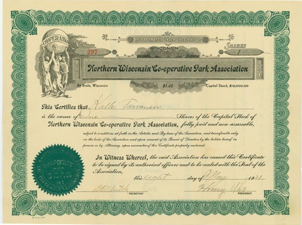 NORTHERN WISCONSIN CO-OPERATIVE PARK ASSOC.: 1931, Wisconsin. Stock for 1 share. Green. Upper left corner vignette of allegorical figures holding a globe. Uncancelled and fine.