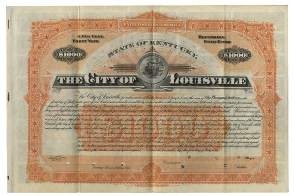 THE CITY OF LOUISVILLE: 1897, Kentucky. $1000 Gold Bond bearing 4% interest. Orange. Small center vignette of a traveling train. Coupons attached. Punch hole cancelled and very fine.