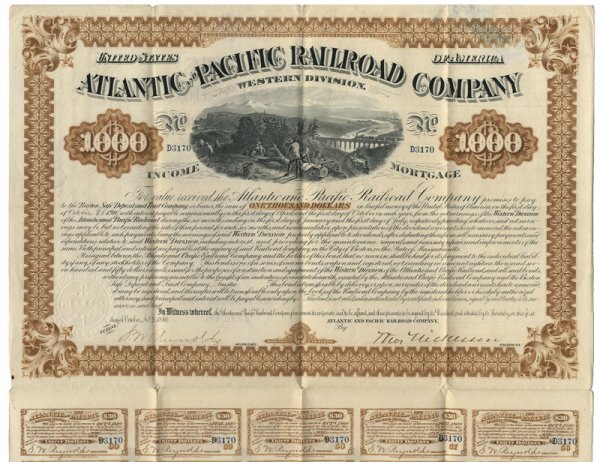 ATLANTIC & PACIFIC RAILROAD COMPANY: 1887, New York. Bond for $1,000 bearing 6% interest. Triple vignette at top center with Lady Liberty flanked by a seated female allegorical figure at left and Indians at right. Attached coupons uncanc
