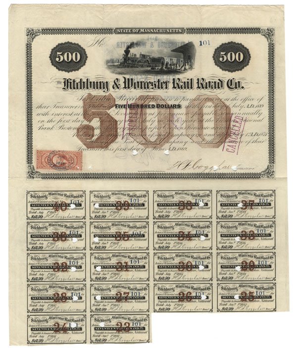 FITCHBURG AND WORCESTER RAILROAD COMPANY: 1869, Massachusetts. Bond for $500. Black. Top center vignette of a train at the train station. Revenue stamp at lower left corner. Attached coupons. Punch and stamp cancelled and fine.