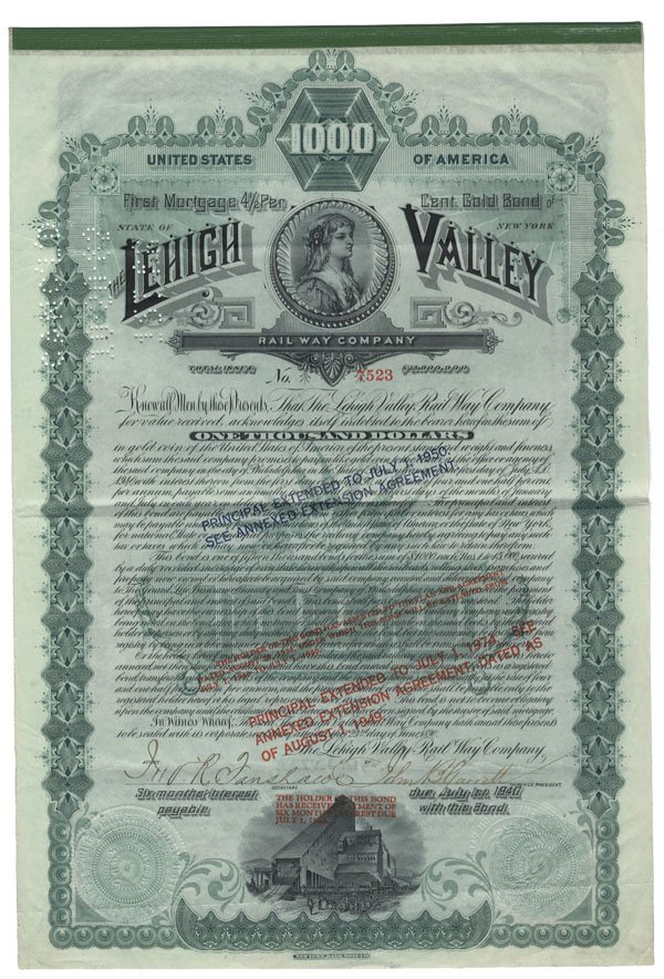 LEHIGH VALLEY RAILWAY CO.: 1890, New York. $1000 Bond bearing 4 1/2% interest. Green. Vignette at top center of a female allegorical figure. Vignette at bottom center a train leaving a coal facility. Punch and stamped cancelled