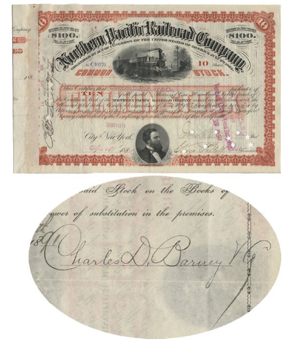 SIGNED BY CHARLES D. BARNEY: Northern Pacific Railroad Stock Issued To And Signed On Verso By Charles D. Barney & Co. 1891, New York. Stock certificate for 10 shares. Rust/Black.. Engraved vignette of a steam locomotive at top ce
