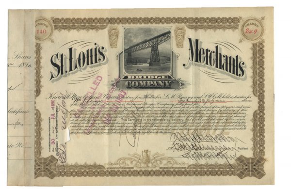 ST. LOUIS MERCHANTS BRIDGE COMPANY: 1890, Missouri. Stock certificate for 249 shares. Brown/Black. Nice engraved vignette at top center of steam locomotive crossing a bridge high above the water with boats below. Pen, stamp and cut canc