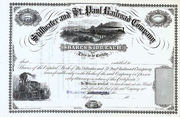 Stillwater and St. Paul Railroad Company: 18--. Minnesota. Unissued stock certificate. Black/white. Vignette of a train traveling along a trestle at top center and another train boarding passengers at bottom left. Litho. Uncancelled and Excel