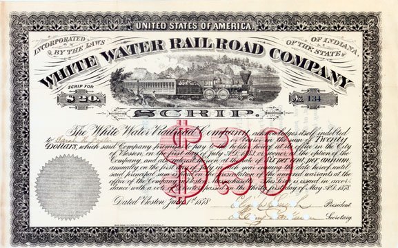 WHITE WATER RAILROAD CO.: 1878, Indiana. Scrip certificate for $20 with 6% interest. Black with red $20 overprint. Top center vignette of a train driving past men working. Fine.