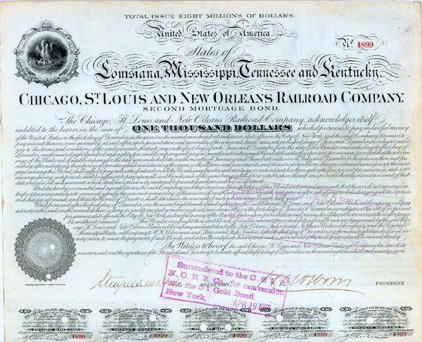 Chicago, St. Louis and New Orleans Railroad Co.: 1877, Louisiana, Mississippi, Tennessee and Kentucky. $1,000 Bond. Coupons below. Engraved vignette of a State Seal of Louisiana at upper left. Signed as secretary by STUYVESANT FISH (1851 - 1923); Ra