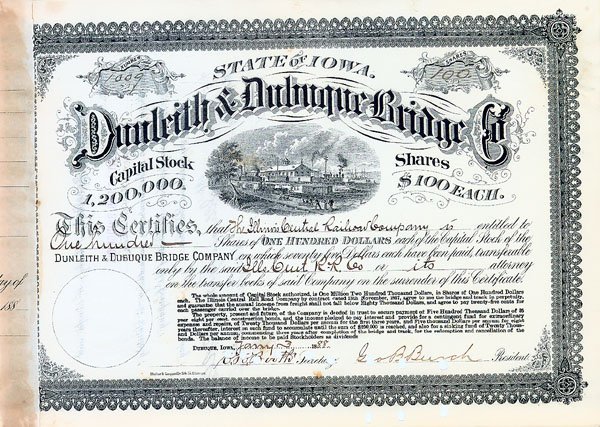 Dunleith & Dubuque Bridge Co Signed by Stuyvesant: 1888. Iowa. Stock certificate for one hundred shares. Black/White. Vignette of busy rail yard at top center. Issued to the Illinois Central Railroad Company and signed as president on verso by STUYVES