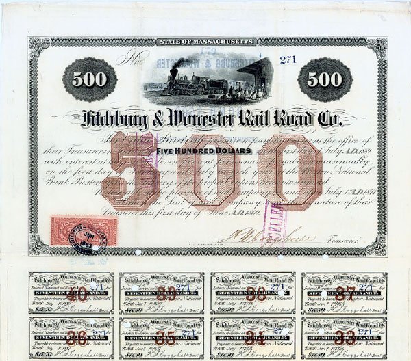 FITCHBURG & WORCESTER RAILROAD COMPANY: 1869, Massachusetts. $500 Bond. Vignette at top center of train pulling into station. Brown/Black. Revenue stamp and coupons attached. Punch and stamp cancelled. Very Fine.