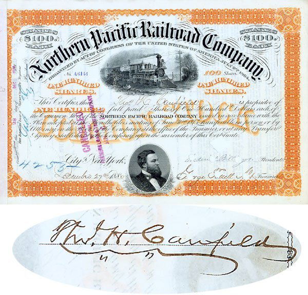 Northern Pacific Railroad Stock Issued to and sig: 1880, New York. Stock certificate for 100 shares. Orange. Engraved vignette of a steam locomotive at top center, nice portrait vignette of Frederick Billings at bottom. Issued to and signed on verso b