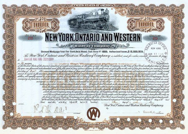 Northern Pacific Railroad Stock Witnessed by J.R.: 1885, New York. Stock certificate for 100 shares. Orange. Vignettes of a locomotive at top center and of Frederick Billings at bottom center. Stamp issued to Drexel & Co. and signed on verso by Anthon