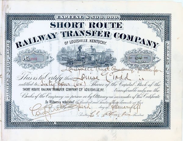 Short Route Railway Transfer Company of Louisvill: 1897, Kentucky. Stock certificate for 64 shares. Black. Vignette of train at station at top center. Punch cancelled along bottom. Very fine.