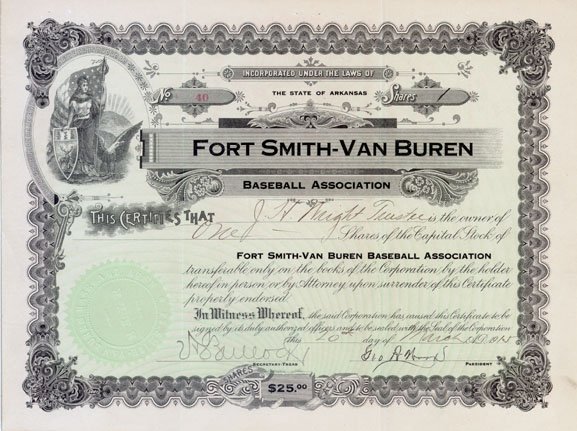 FORT SMITH-VAN BUREN BASEBALL ASSOCIATION STOCK C: 1915, Arkansas. Certificate #40 issued to J.H. Wright, trustee for one share. Green/Black. Elaborate scrolled borders with allegorical woman holding flag and shield. Uncancelled. Fold marks, Fine.