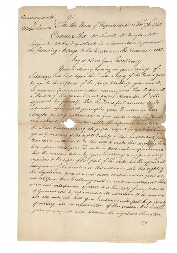 [ JOHN HANCOCK]: '"...the apparent interference of the Executive in this instance with the the rights of the Legislature gives us much more serious concern, and we are satisfied your Excellency must concur in sentimen