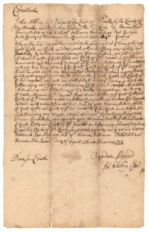 1712 SETTLEMENT OF ESTATE: Manuscript Document. One page, 7 5/8" x 12 1/4". New Haven. April 2, 1712. Official court document appointing Silence Doud administrator of the recently deceased Thomas Doud's estate. Dampstaining. Pa