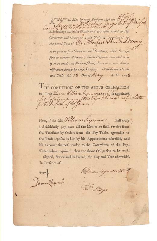 REGIMENT OF MATROSSES DURING THE REVOLUTION: [AMERICAN REVOLUTION]. Document Signed. One page, 8" x 13 ½". Connecticut. May 18, 1778. Partially Printed Bond obligation between William Seymour and Thaddeus Sturgis and the state of Connecticut. T