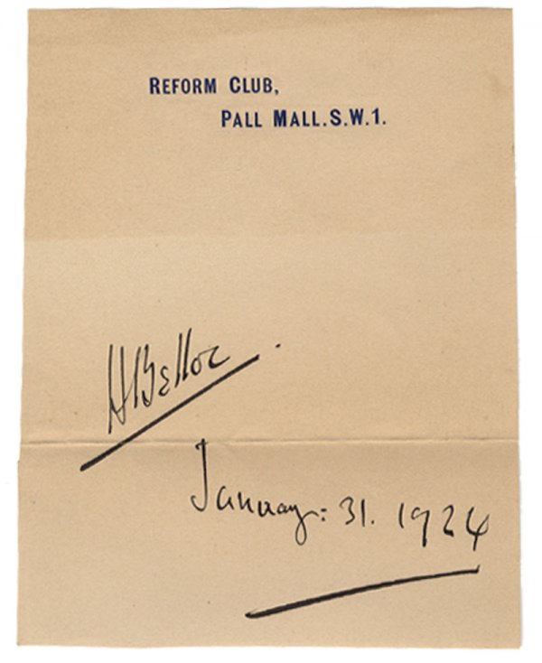 H Belloc: Hilaire Belloc (1870-1953). Catholic writer. Signed sheet. January 31,1924. 4" x 5 1/4". On imprinted personal letterhead. "H Belloc, January 31, 1924". Couple of folds. Very Fine.
