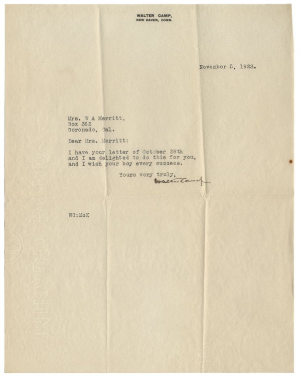 Walter Camp: Walter Chauncey Camp (1859 – 1925) Sports writer and American football coach known as the "Father of American Football". TLS. November 5, 1923. On his personal imprinted letterhead to Mrs. W. A. Mer
