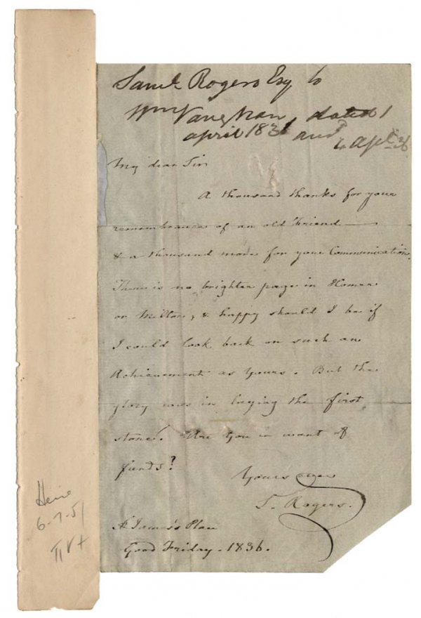SAMUEL ROGERS ALS: SAMUEL ROGERS (1763-1855) Poet. He established a London literary salon in 1793 where he entertained writers, artists, actors, and politicians. Pleasures of Memory was his most noted work. First publis